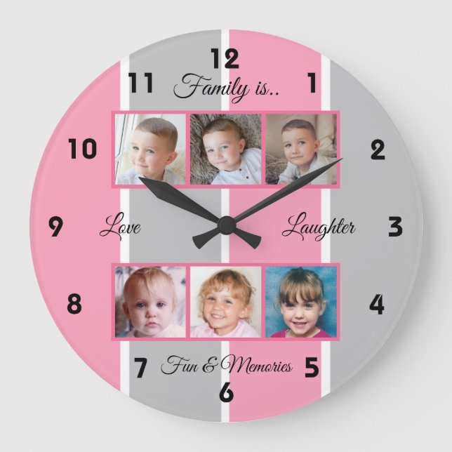 Pink and grey family photos large clock (Front)