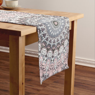 Pink and Grey Feminine Medallion Pattern Long Table Runner