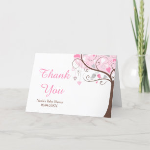 Pink and Grey Floral Bird Baby Shower Thank You