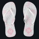Pink and Grey Floral Damask Monogrammed Flip Flops<br><div class="desc">Beautiful and elegant floral damask pattern and quatrefoil frame monogram.</div>