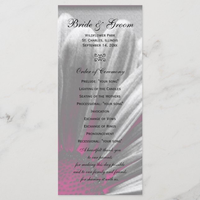 Pink and Grey Floral Highlights Wedding Program (Front)