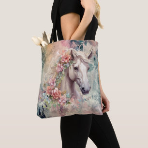 Pink and Grey Floral Pattern White Horse Head Tote Bag
