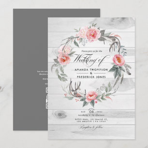 Pink and Grey Floral QR Code RSVP Bohemian Wedding Invitation