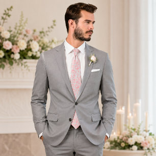 Pink and Grey Floral Rose Pattern Neck Tie