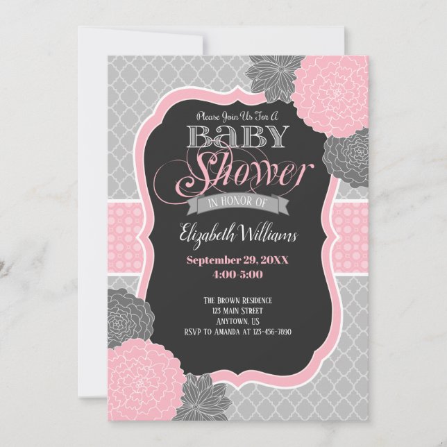 Pink and Grey Flowers Baby Shower Invitation (Front)