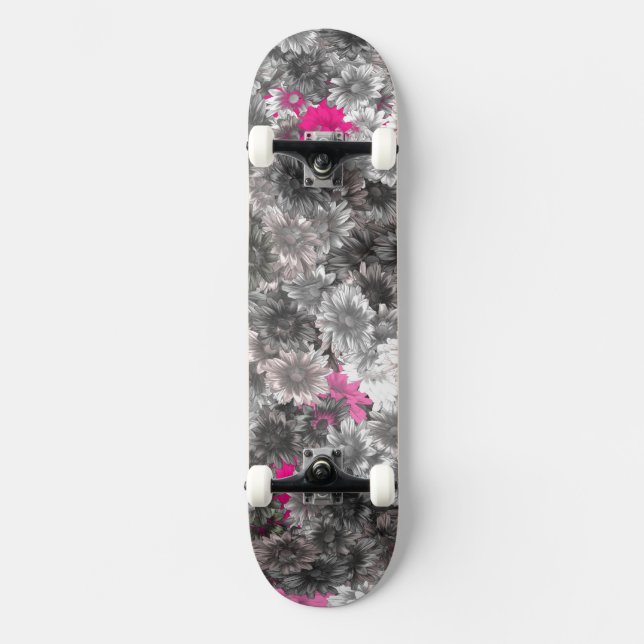 Pink and Grey Flowers Skateboard (Front)
