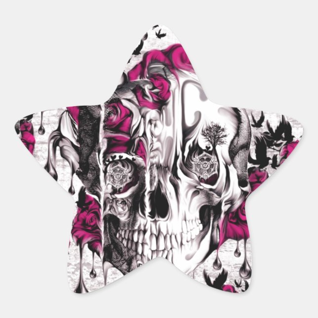 Pink and grey grunge melting skull star sticker (Front)