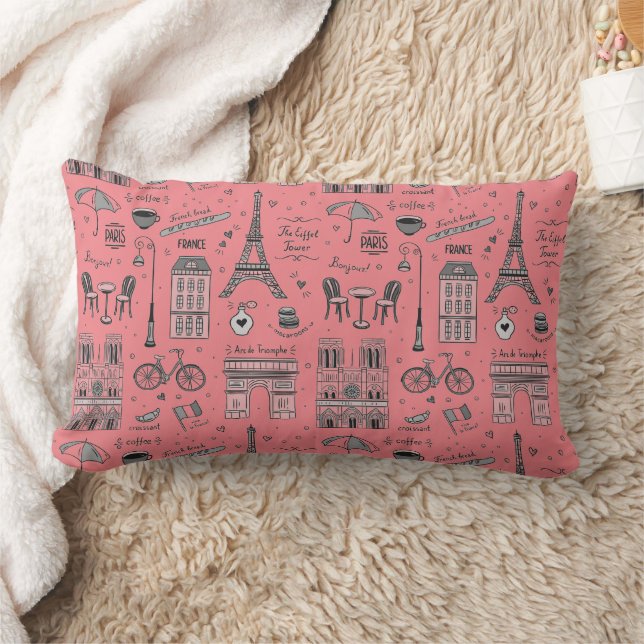 Pink and Grey Hand Drawn Paris Doodles  Lumbar Pillow (Blanket)
