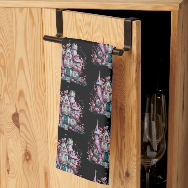 Pink and Grey Haunted House Pattern Halloween Kitchen Towel (Thirds Fold)