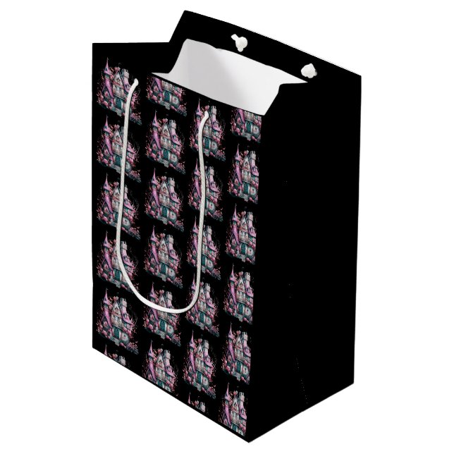 Pink and Grey Haunted House Pattern Halloween Medium Gift Bag (Front Angled)