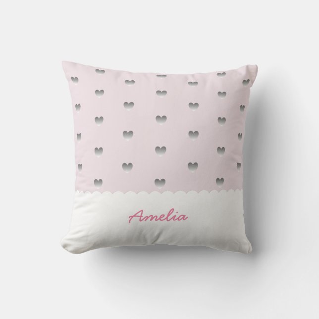 Pink and Grey Heart Pattern Scallop Cloud Monogram Throw Pillow (Front)