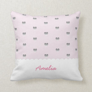 Pink and Grey Heart Pattern Scallop Cloud Monogram Throw Pillow