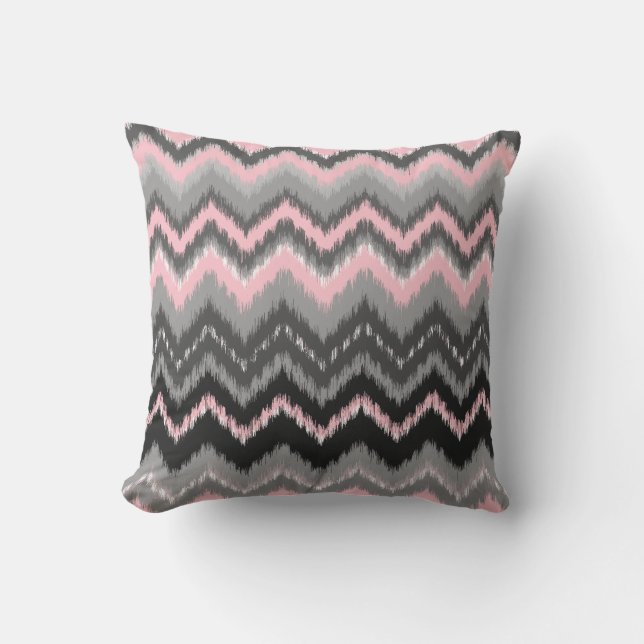 Pink and Grey Ikat Chevron Throw Pillow (Front)