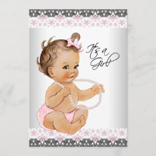 Pink and Grey Lace Pearls Baby Girl Shower Invitation