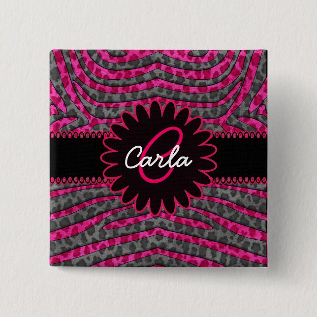 Pink and Grey Leopard Print in Zebra Stripes 2 Inch Square Button (Front)