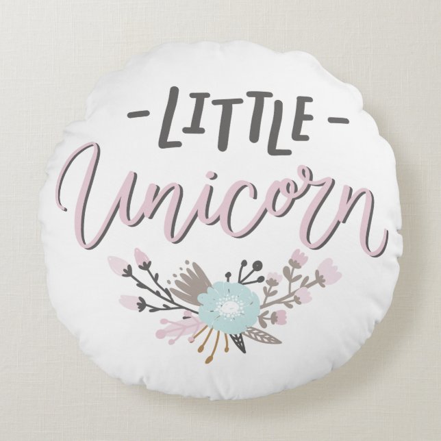 Pink and Grey Little Unicorn Hand Lettered Floral Round Pillow (Front)