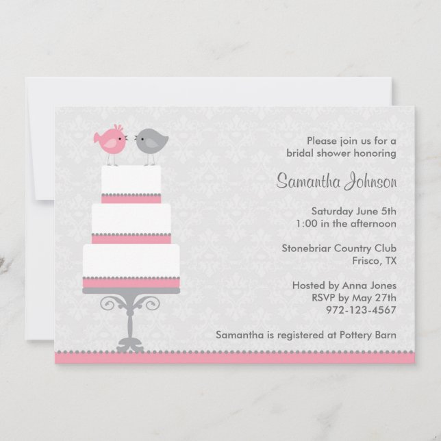 Pink and Grey Love Birds Bridal Shower Invitatio Invitation (Front)