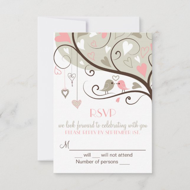 Pink and Grey Lovebird RSVP Wedding Card Invites (Front)