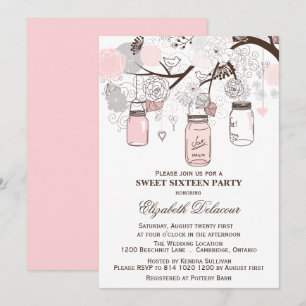 Pink and Grey Mason Jars Sweet Sixteen Invitation