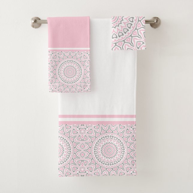 Pink and Grey Modern Mandala Bath Towel Set (Insitu)