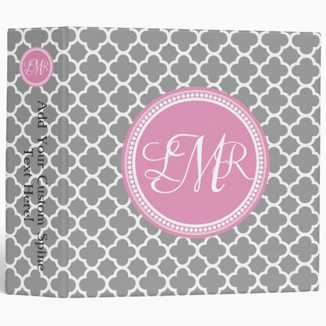 Pink and Grey Monogrammed Quatrefoil Personalized Binder (Front/Spine)