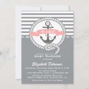 Pink and Grey  Nautical Baby Shower Invitation