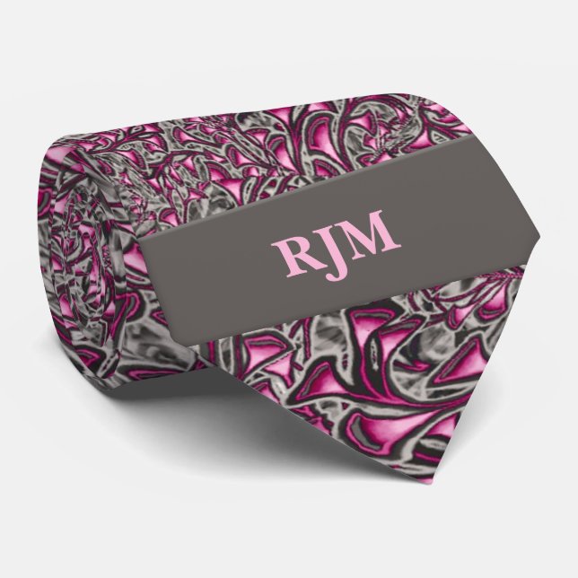 Pink and Grey Paisley with Monogram for Him Tie (Rolled)