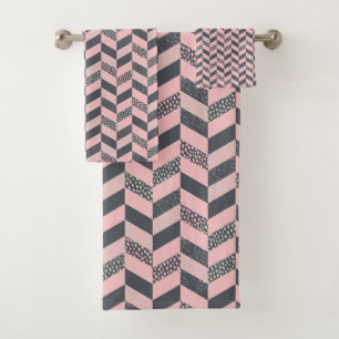 Pink and Grey Patterned Herringbone Bath Towel Set