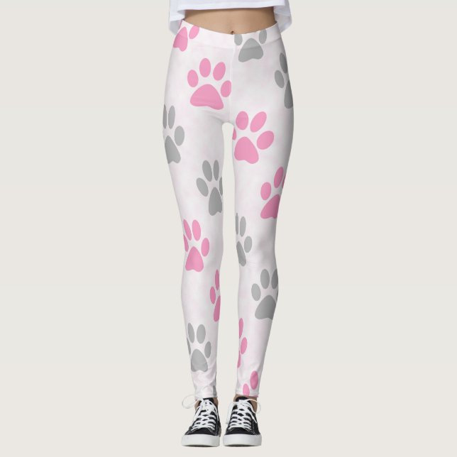 Pink and grey paw prints pattern leggings (Front)