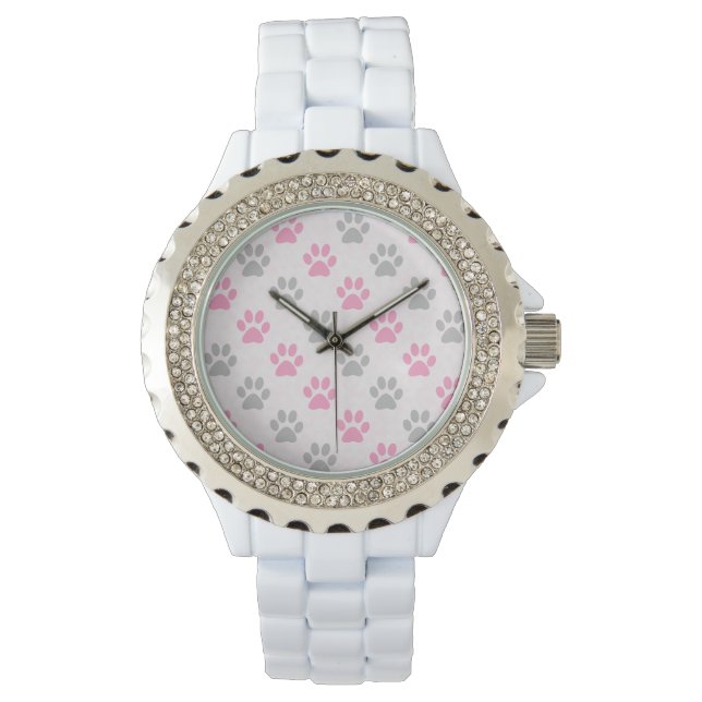 Pink and grey paw prints pattern watch (Front)