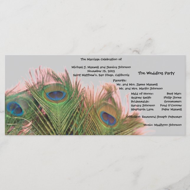 Pink and Grey Peacock Wedding Program (Front)