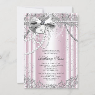 Pink and Grey Pearl First Communion Invitation