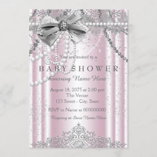 Pink and Grey Pearl Girly Baby Shower Invitation