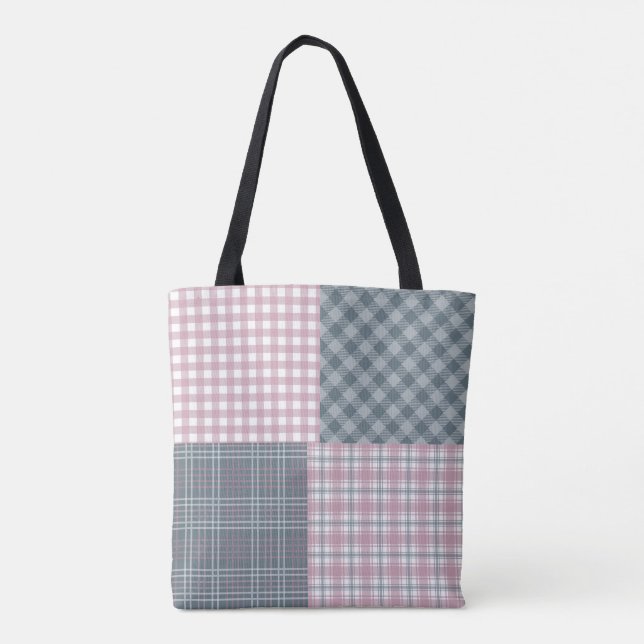 Pink and grey plaid patchwork personalized Tote (Back)