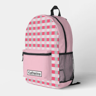 Pink and grey plaid printed backpack