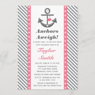 Pink and Grey Polka Anchor Nautical Baby Shower Invitation