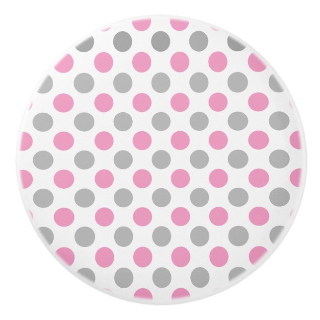Pink and grey polka dots pattern ceramic knob (Front)