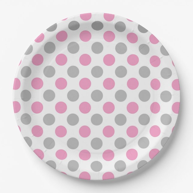 Pink and grey polka dots pattern paper plate (Front)