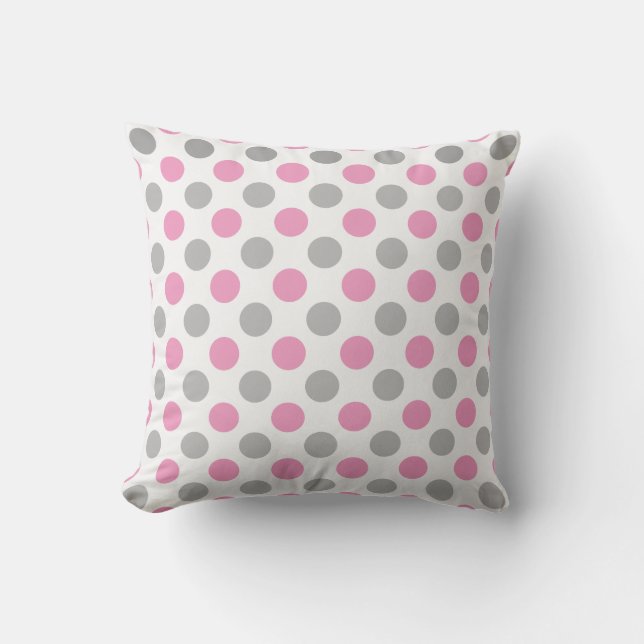Pink and grey polka dots pattern throw pillow (Front)