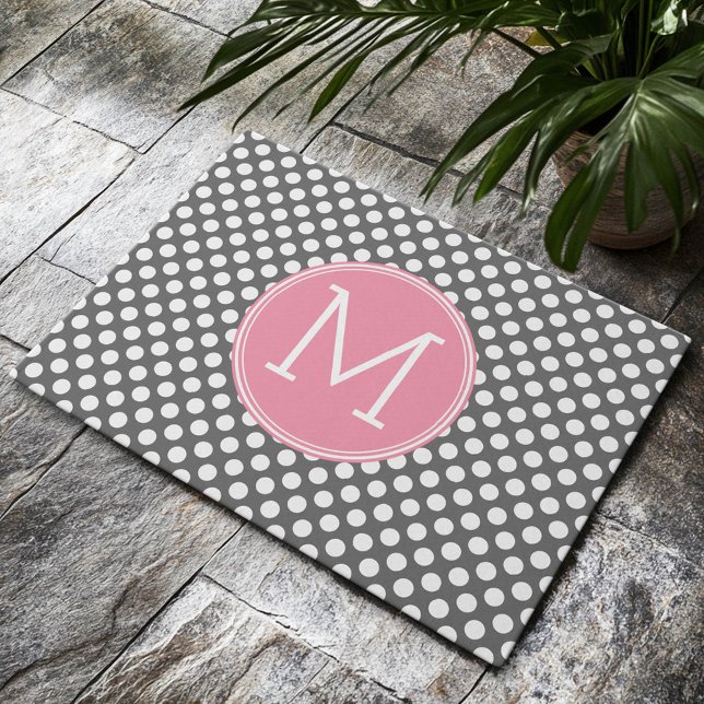 Pink and Grey Polka Dots with Preppy Monogram Doormat (Custom Welcome Mat)