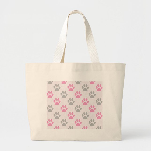 Pink and grey puppy paws pattern large tote bag (Front)