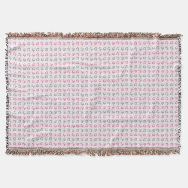 Pink and grey puppy paws pattern throw blanket (Front)