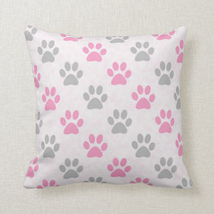 Pink and grey puppy paws pattern throw pillow