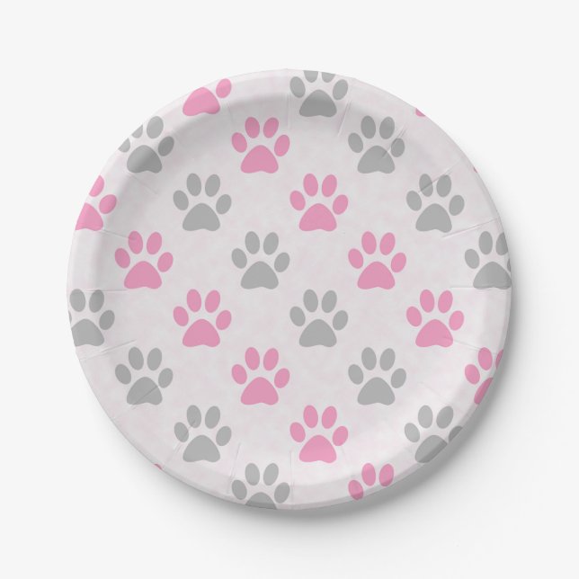 Pink and grey puppy paws print paper plate (Front)