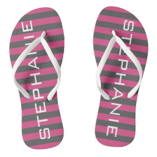 Pink and Grey Rugby Stripes with Custom Name Flip Flops