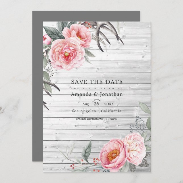 Pink and Grey Rustic Bohemian Floral Wedding Save The Date (Front/Back)
