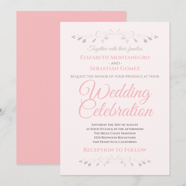 Pink and Grey Simple Elegant Wedding Invitation (Devant / Derrière)