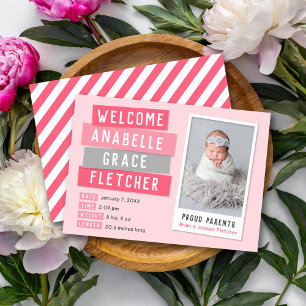 Pink and Grey Snapshot Photo Birth Announcement