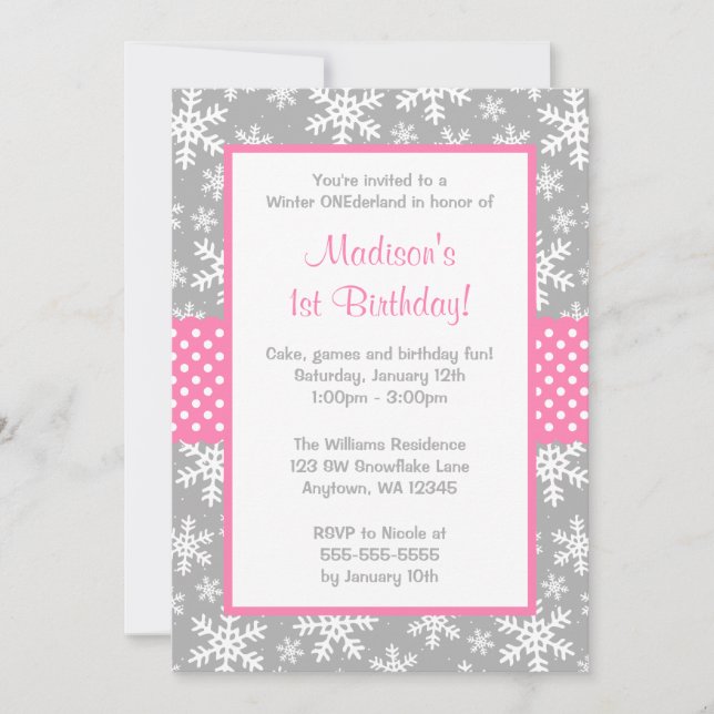 Pink and Grey Snowflakes Winter Onederland Invitation (Front)