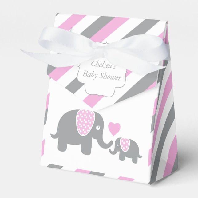 Pink and Grey Stripe Elephant Favor Box (Front Side)
